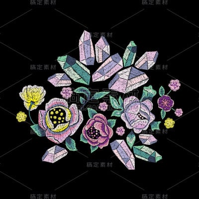 刺绣趋势图案与宝石和鲜花的时装设计。