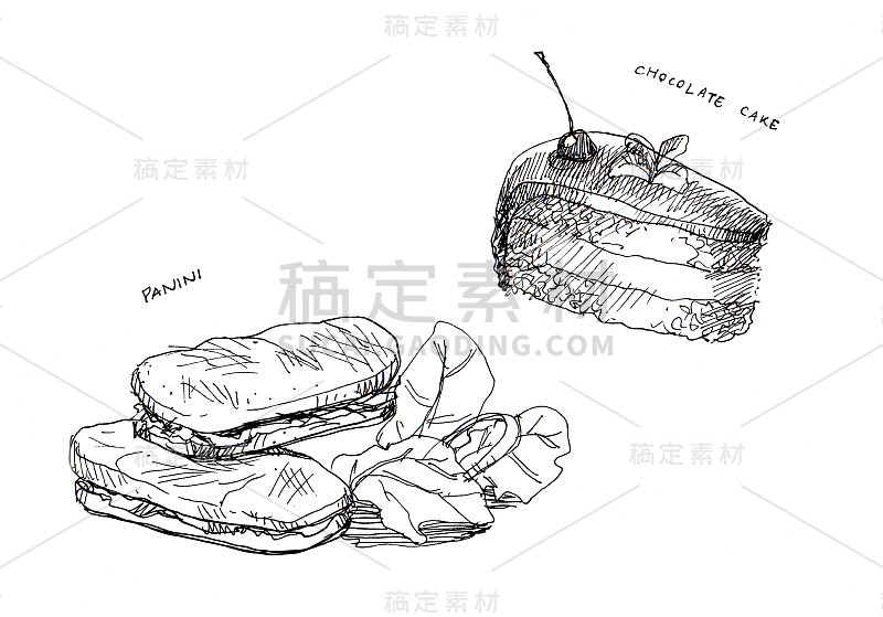 帕尼尼和蛋糕巧克力线条画