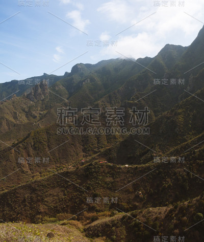 青山山坡上的房子被雾笼罩着