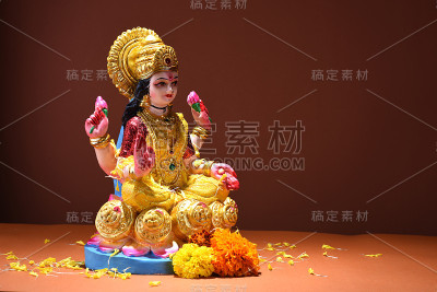 印度女神，女神拉克希米。排灯节庆典上的女神拉克希米。印度的灯节称为排灯节