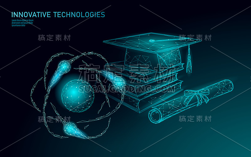 通过智能手机远程学习毕业生。证书程序概念。低聚3D渲染毕业帽现代设计横幅模板。网络教育课程学位向量图