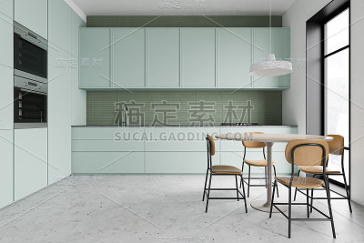 绿色厨房内部与圆桌