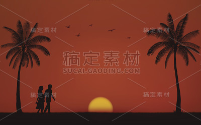 在日落天空背景下的平面图标设计下的沙滩上行走的夫妇剪影