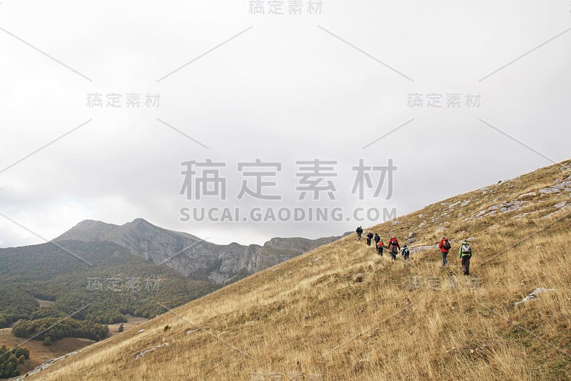 去山顶的一群徒步旅行者