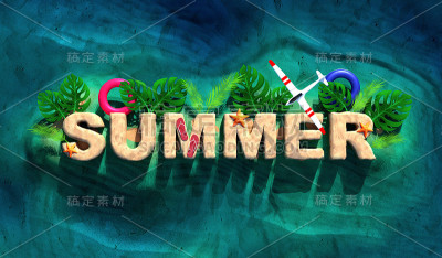 3d渲染插图的夏季海滩横幅设计。旅游的背景。3d文字岛与色彩丰富的元素怪兽和棕榈叶，拖鞋，飞机和游泳