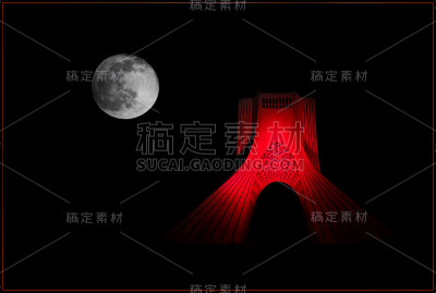 月亮映衬下的阿扎迪广场上阿扎迪塔的红色夜景。伊朗。德黑兰。