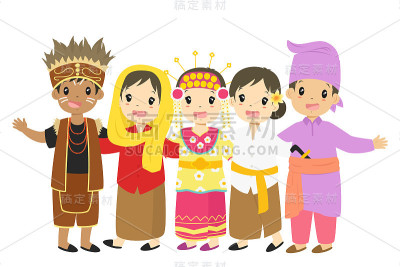 快乐的印尼儿童在传统服装卡通向量