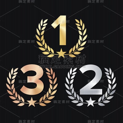 奖杯奖励集向量。图1,2,3一，二，三在一个现实的金，银，青铜月桂花环和红丝带。竞争游戏的概念。孤立