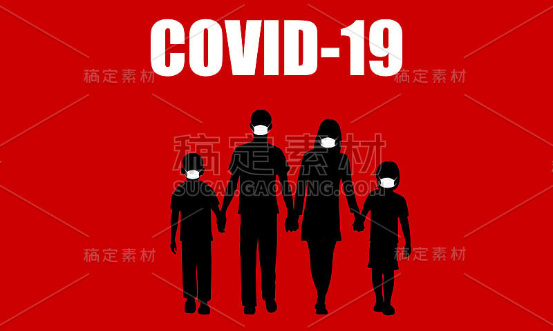 Covid 19病毒。剪影家人戴防毒面具