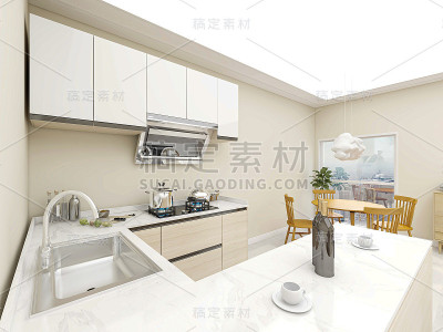 3D渲染，宽敞的现代豪华厨房吧台和木制圆形餐桌设计
