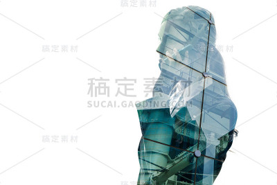 女商人和建筑外观的双重曝光。