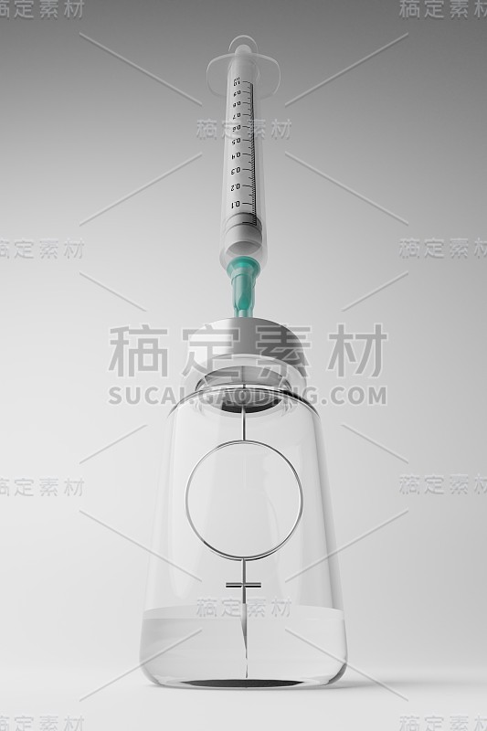 Covid-19疫苗注射器3D渲染，瓶口有女性标识副作用问题危险风险免疫接种运动群体免疫保护概念设计