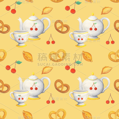 茶会与糕点，可爱的无缝图案从水粉版权插图。