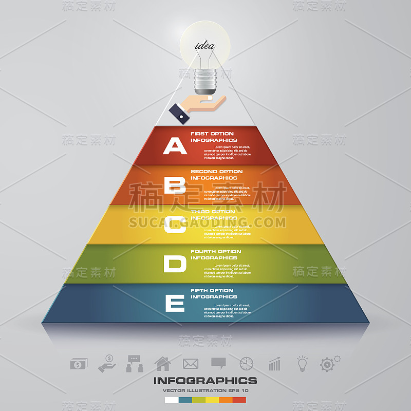 5级金字塔与自由空间的文本在每一层。信息图表、演示文稿或广告。