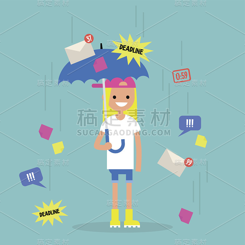 离开办公室。概念说明。年轻的女性角色用一把雨伞保护自己免受信息流的影响。过滤传入的信息