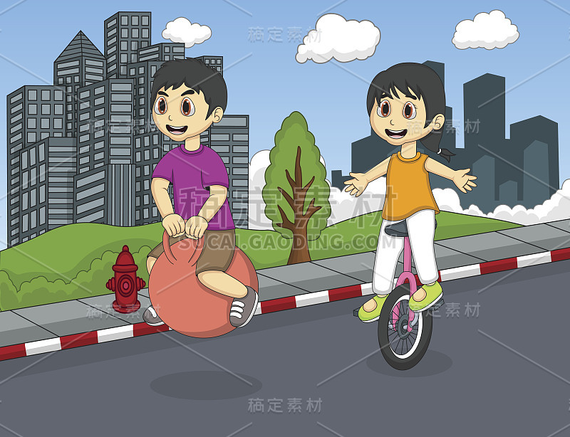 孩子们在公园里玩弹跳球