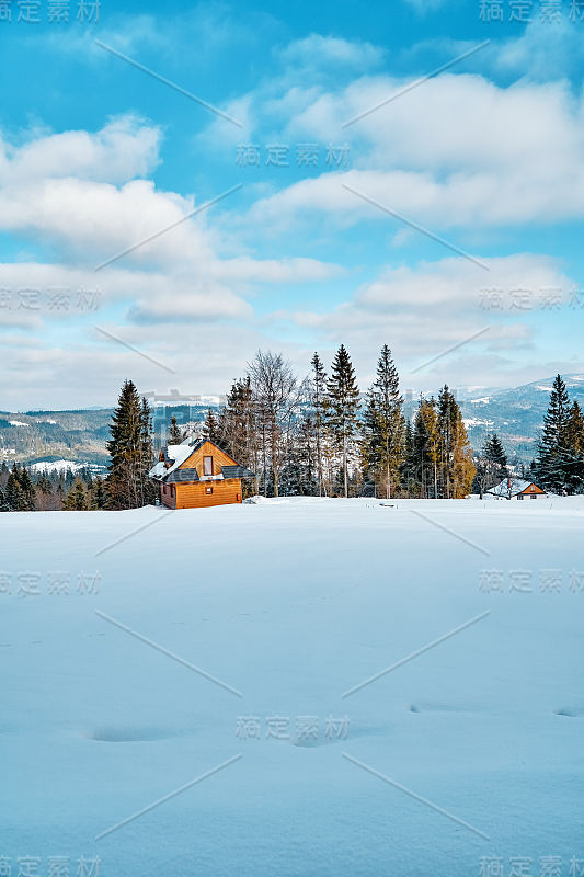 波兰南部美丽的冬季山地景观——阳光，大量的雪，蓝天和古老的森林