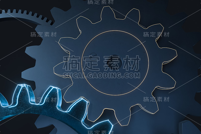 工业齿轮，机械结构，3d渲染。