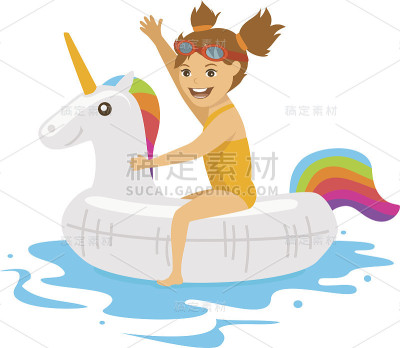 可爱的女孩坐在漂浮着独角兽形状的充气环上游泳