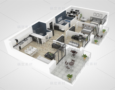 房屋平面图俯视图3D插图。开放式概念居住公寓布局