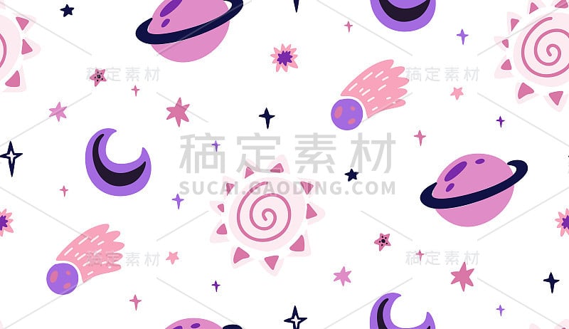 星星、彗星、太阳和土星在白色背景上无缝的幼稚宇宙图案。向量纹理的宇宙与点。矢量手绘墙纸