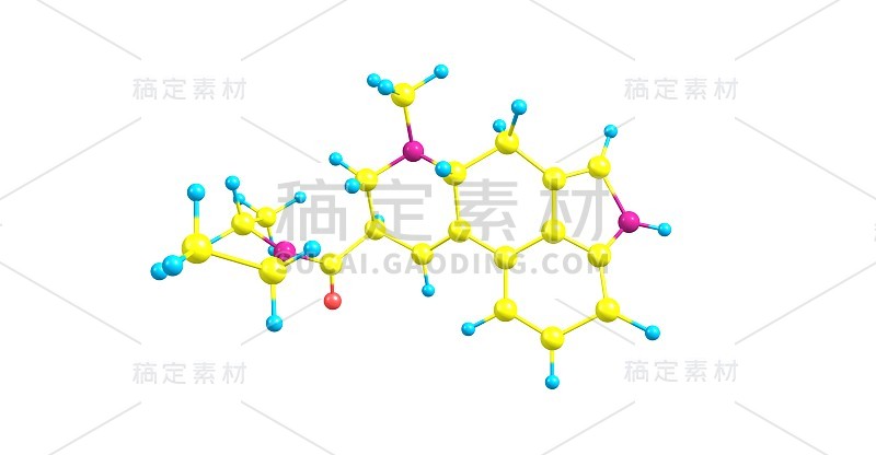 LSD分子结构孤立在白色上的三维插图