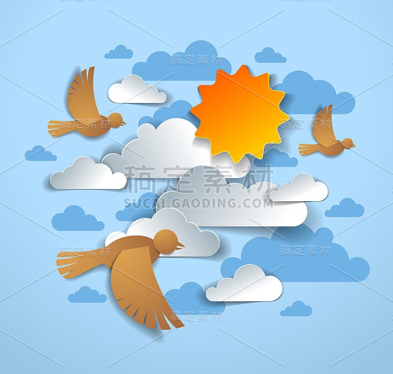 Birds flock flying among beautiful clouds and sun 