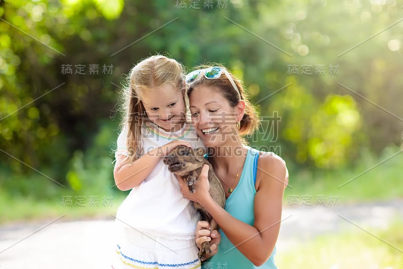 孩子和农场动物。动物园里的孩子和小猪。