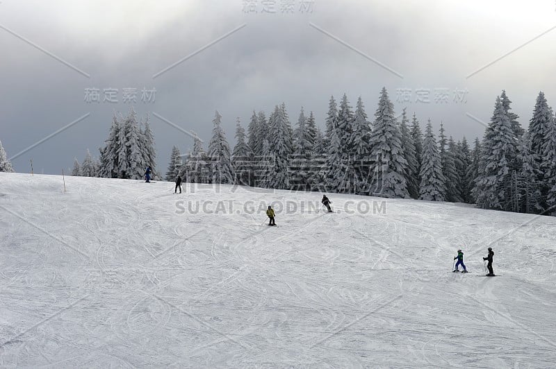 山上小径上的滑雪者