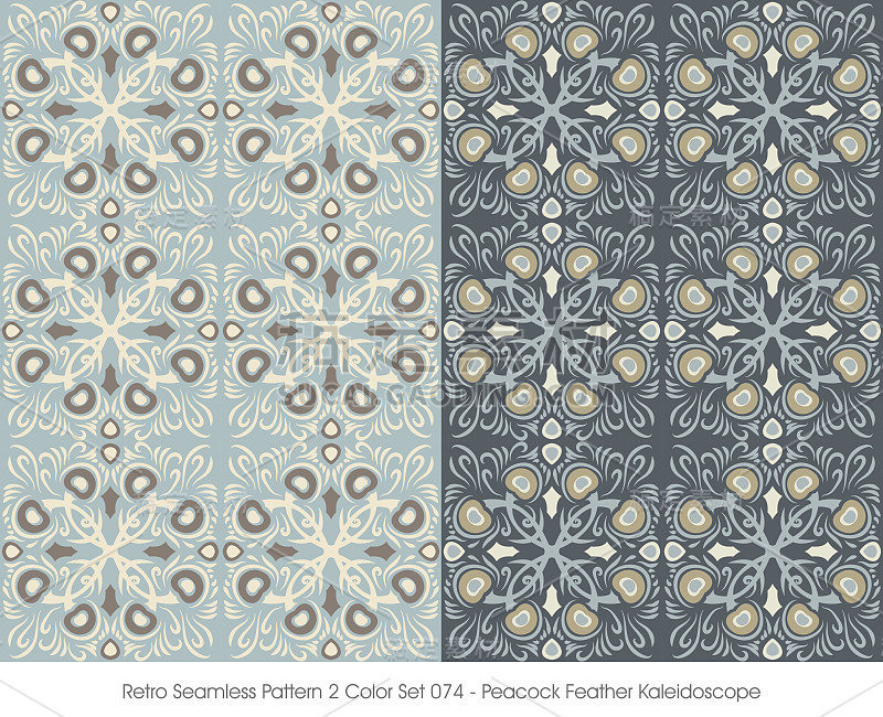 复古无缝图案2颜色Set_074孔雀羽毛万花筒