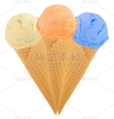 一组孤立在白色背景上的华夫蛋筒冰淇淋
