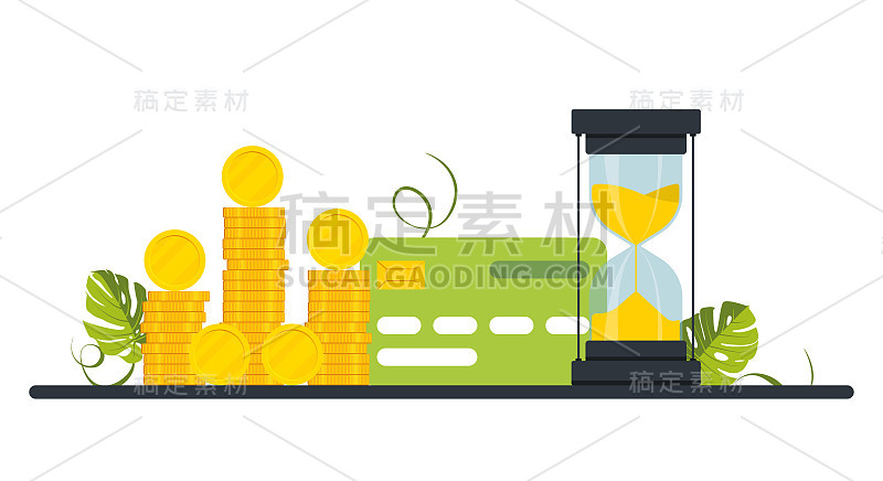 塑料信用卡。大量的金币、货币、沙漏和信贷银行。金钱倍增理念，财富倍增，现代金钱形象设计。类型的付款。