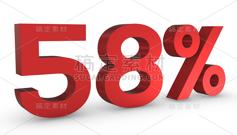 58%红色标识3D渲染隔离在白色Backgro