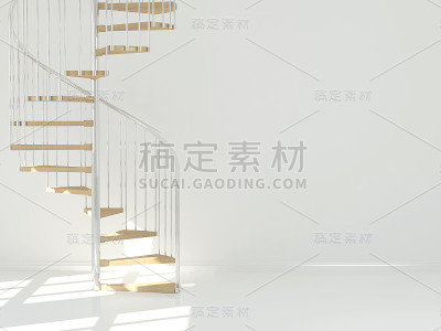 带有圆形楼梯的空白色房间。