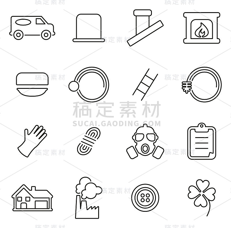烟囱清扫工具和设备图标细线矢量插图集