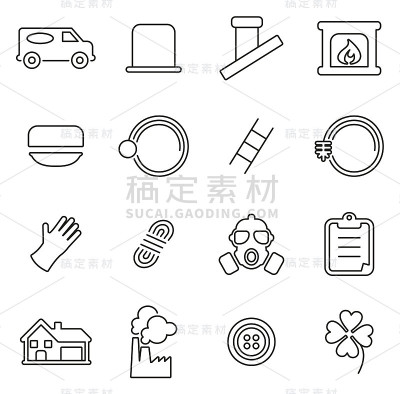烟囱清扫工具和设备图标细线矢量插图集