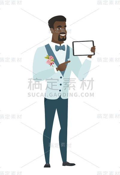 微笑的新郎拿着平板电脑