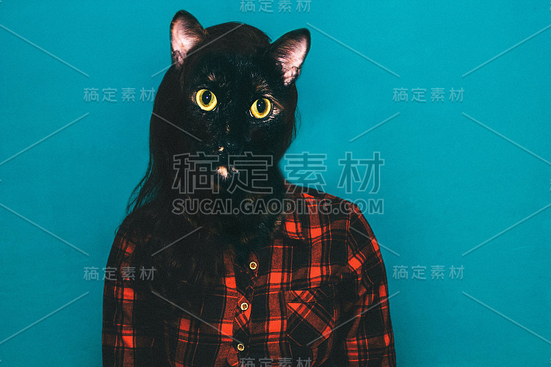 混合媒体拼贴与猫头女孩