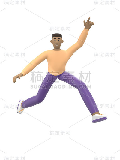 一个年轻活泼的非洲人跳舞、跳跃、漂浮和飞翔。积极的角色在休闲彩色衣服孤立在白色的背景。有趣、抽象的卡