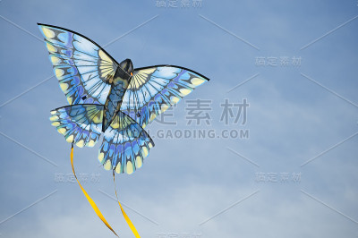 蓝色的“鸟”风筝在天空中飞翔