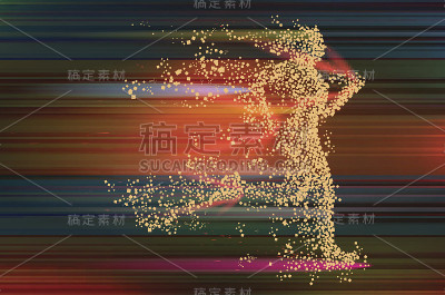 在动态抽象背景上奔跑的女人粒子发散轮廓
