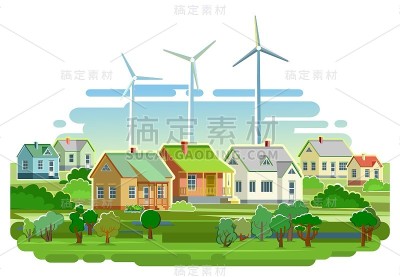 风力发电机。郊区的村庄。卡通平的风格。一种环境友好的可再生能源。隔离图标。涡轮叶片。在草地上。天空。