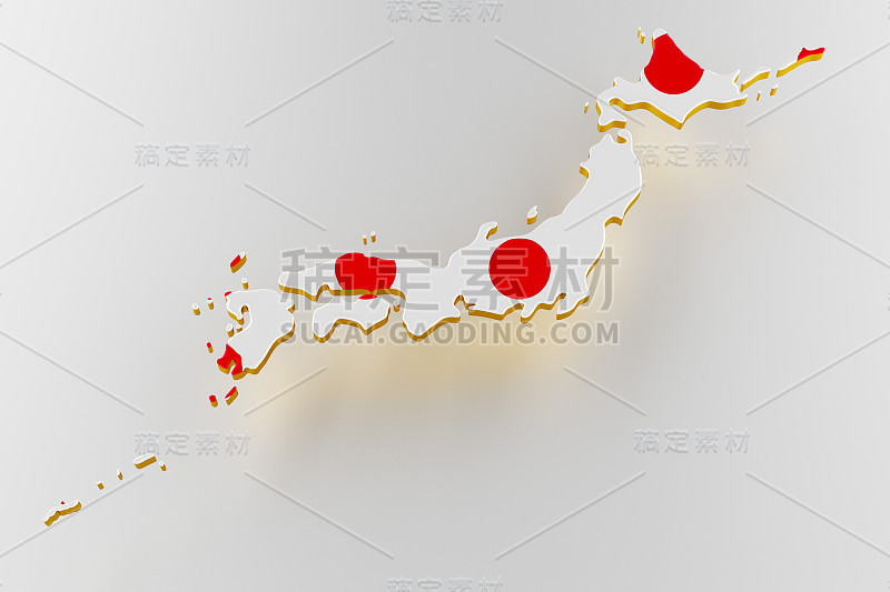 带旗帜的日本陆地边界地图。白色背景上的日本地图。三维渲染