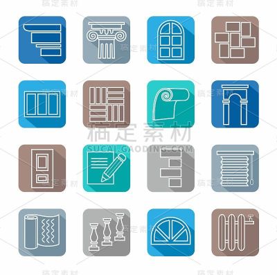 图标、维修、建筑材料、装饰材料、白色轮廓、彩色背景。