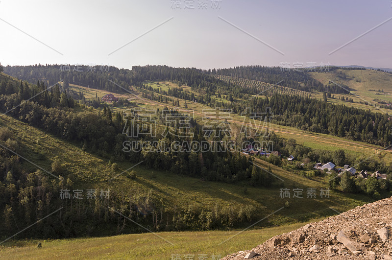 郊区和村庄。高山绿林。草地上的树木和它们的影子。夏天的一天，平静的深蓝色的天空和巨大的云周围。字段。