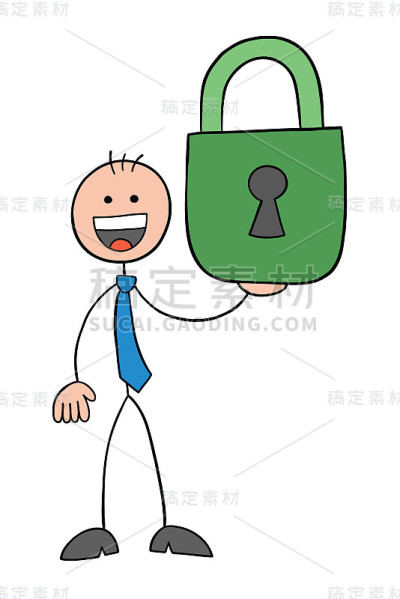 Stickman商人人物快乐和持有紧闭的挂锁，矢量卡通插图