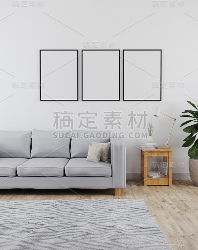 三个海报框架模型在现代和简约室内客厅沙发，白色墙壁和木地板与灰色地毯，现代室内背景，斯堪的纳维亚风格