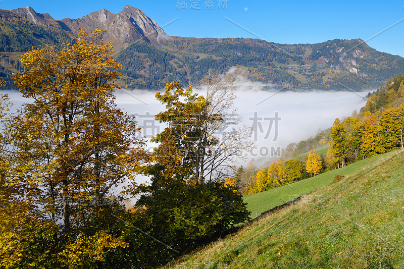 从多尔夫加斯泰因到帕尔辛湖徒步旅行的秋天早晨，宁静而雾蒙蒙的山景，奥地利萨尔茨堡。