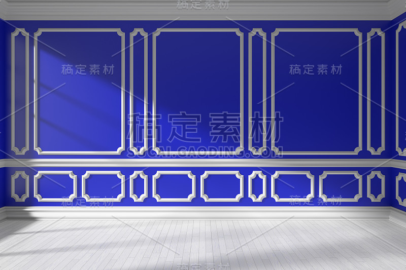 蓝色的空房间，饰线和白色拼花地板