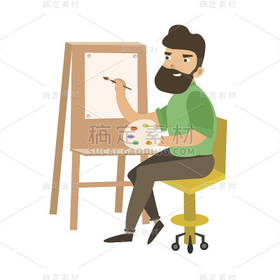 画家在工作画架调色板。向量